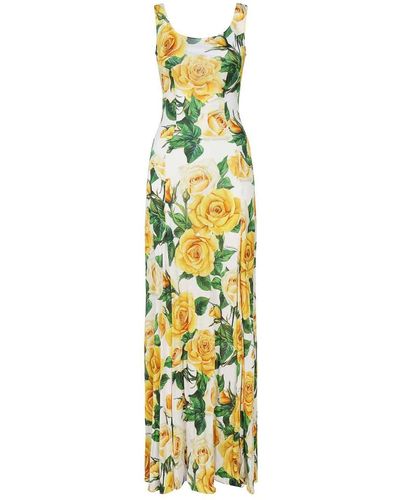 Dolce & Gabbana Yellow Roses Dress In Silk - Metallic