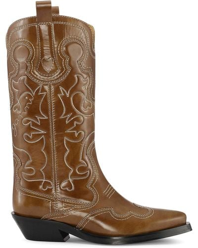 Ganni Mid Shaft Embroidered Tan Western Boot - Brown