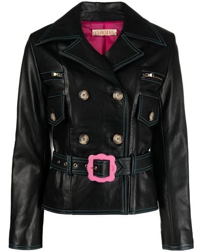 Cormio Florence Double-breasted Leather Jacket - Black