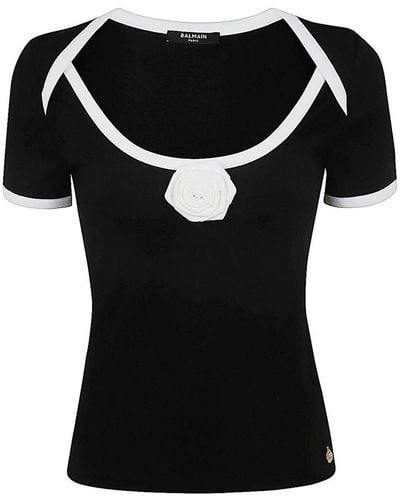 Balmain Ss Rose Detail Open Collar T-shirt - Black