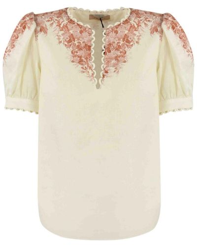 Twin Set Linen Blouse With Floral Print - Natural