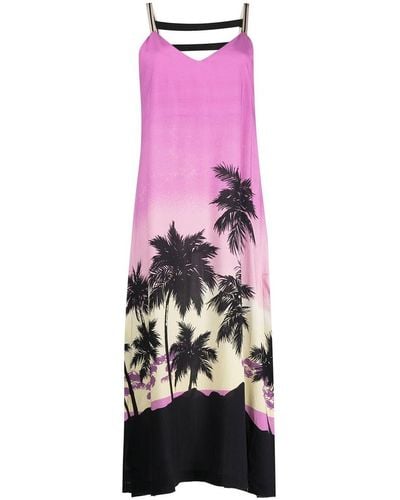 Palm Angels Sunset-print Dress With V-neck - Pink