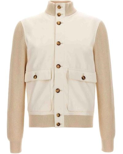 Brunello Cucinelli Leather Jacket With Knit Inserts - White