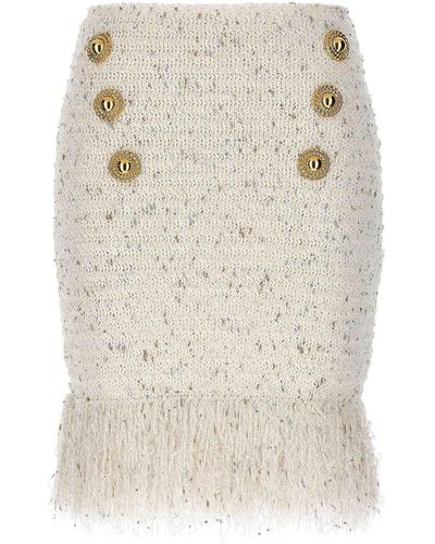 Balmain Fringed Tweed Skirt - White