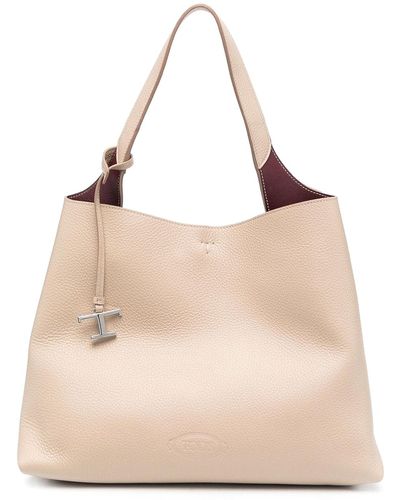 Tod's Timeless Bag In Textured Leather With Logo - Natural