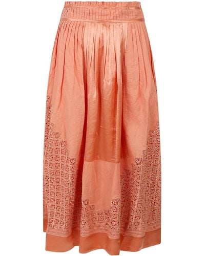 Ulla Johnson Linen And Cotton Pleated Skirt - Orange
