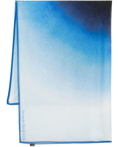 Alexander McQueen Printed Silk Blend Cotton Scarf - Blue