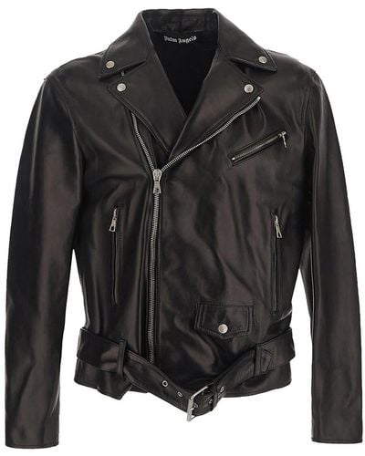 Palm Angels Logo-print Biker Leather Jacket - Black