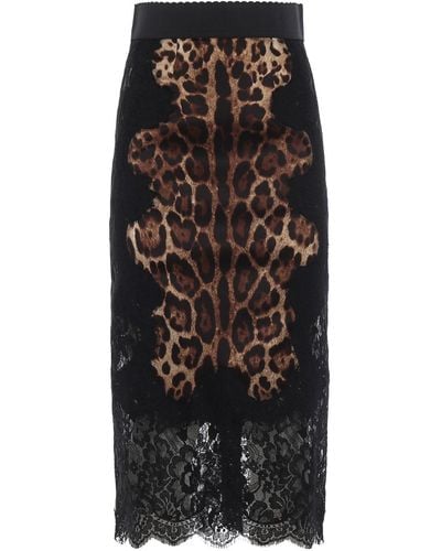 Dolce & Gabbana Leo Print Silk Satin And Lace Pencil Skirt - Black
