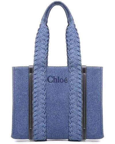 Chloé E Small Woody Denim Tote Bag - Blue