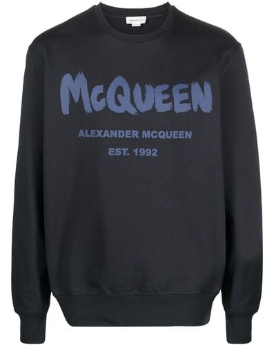 Alexander McQueen Cotton Crewneck Sweather With Front Logo - Blue