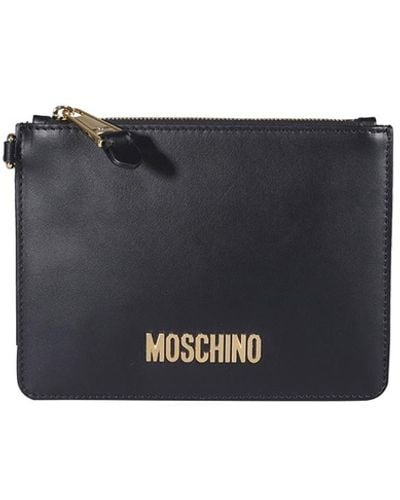 Moschino Metal Logo Lettering Leather Clutch - Black