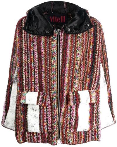 VITELLI Vertical Stripe Wool Hooded Jacket - Red