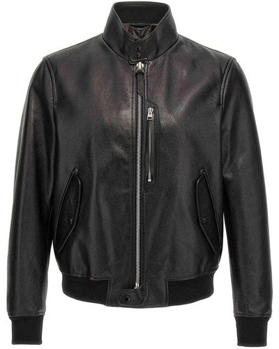 Tom Ford Grainy Leather Bomber Jacket - Gray