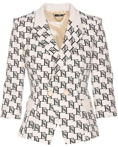 Elisabetta Franchi Double Breast Jacket Logo Print And Plaque - White