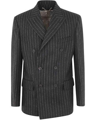 Golden Goose Journey M`S Double Breasted Blazer Virgin Wool Flannel Pinstripes - Black