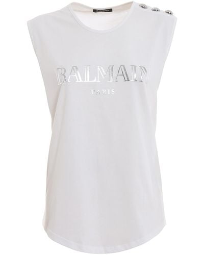 Balmain Logo Print Cotton Tank Top - White