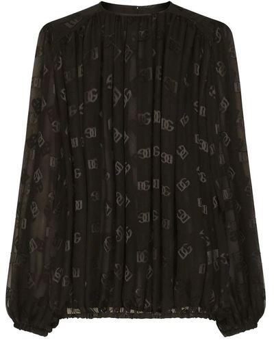 Dolce & Gabbana Logo Jacquard Bishop Sleeve Blouse - Black