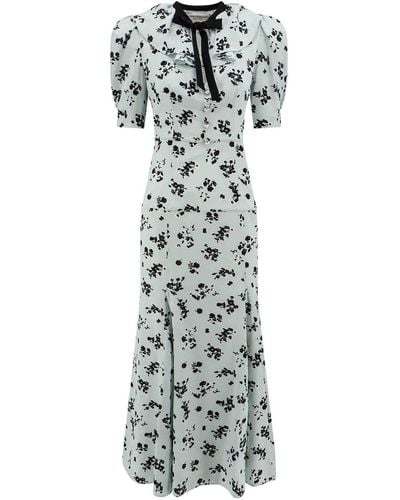 Alessandra Rich Silk Long Dress With Rose Print - Gray
