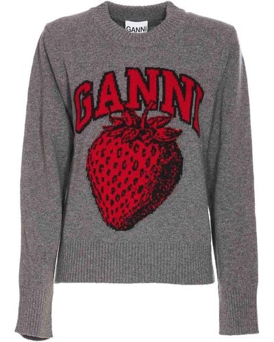 Ganni Graphic Strawberry O-neck Pullover - Gray