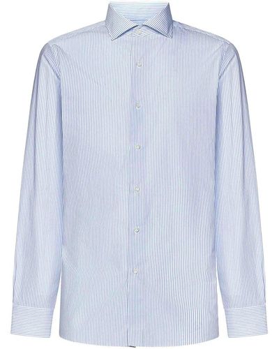 Luigi Borrelli Napoli White Cotton Poplin Shirt - Blue