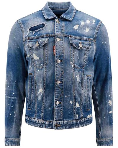 DSquared² Demim Jacket With Ripped And Bleached Effect - Blue