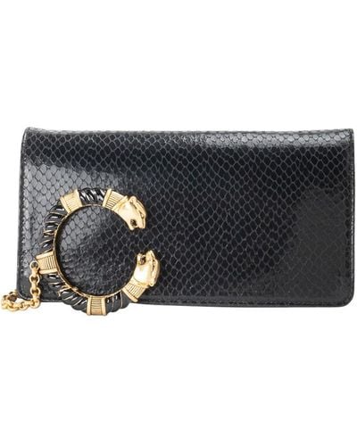 Roberto Cavalli Clutch Bag In Snake-effect Leather With Logo - Grey