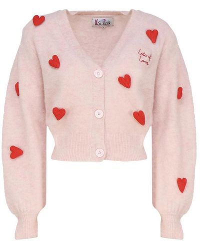 Mc2 Saint Barth Hearts Cardigan In Mixed Wool - Pink