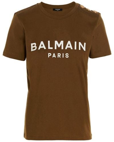Balmain Logo T-shirt With Gold Button Detail - Brown
