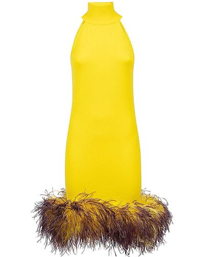 VERGUENZA Open Back Short Dress With Feathers - Yellow