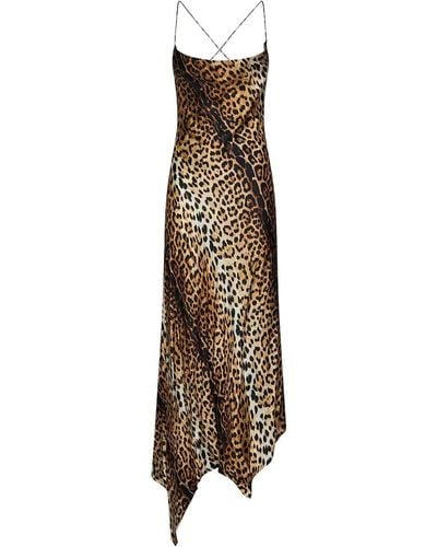 Roberto Cavalli Jaguar-print Silk Long Dress With Halter Neck - Natural