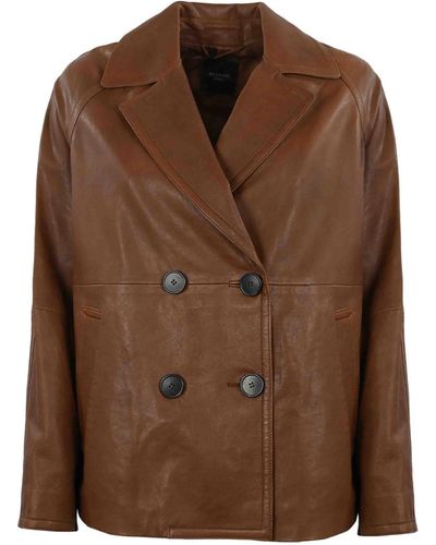 Weekend by Maxmara Oria Double-breasted Leather Peacoat - Brown