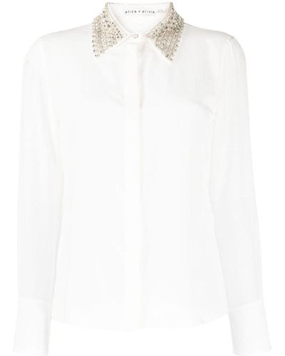 Alice + Olivia Alice + Olivia Crystal Embellished Silk Shirt - White
