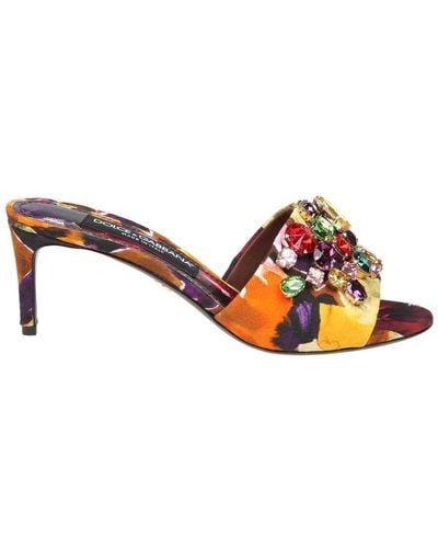 Dolce & Gabbana Sandals In Brocade Fabric With Stones - Yellow
