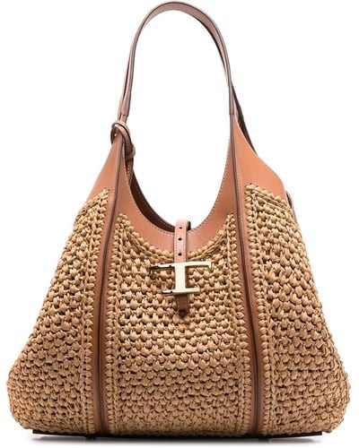 Tod's Straw Timeless Bag With Leather Trim And Logo - Brown