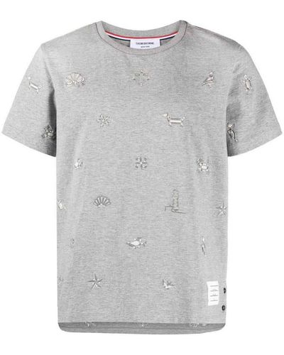 Thom Browne Embroidered Cotton T-shirt - Gray