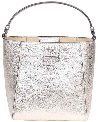 Tory Burch Mcgraw Small Bucket In Laminated Leather - White