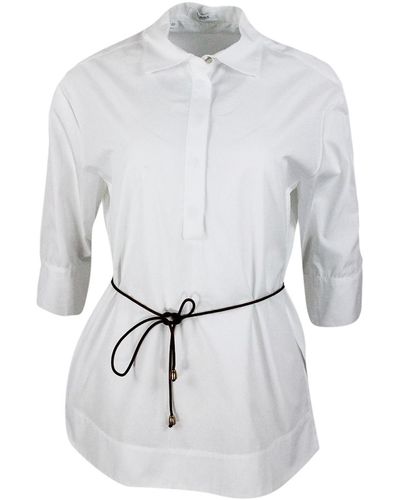Barba Napoli Polo -style Cotton Blouse With Belt - White