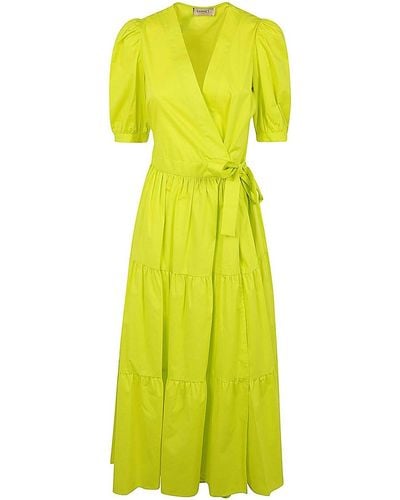 Twin Set Baloon Sleeve Belted Dress With Flounce - Yellow