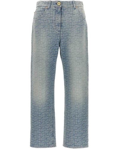 Balmain Cotton Denim Jeans Monogram - Blue