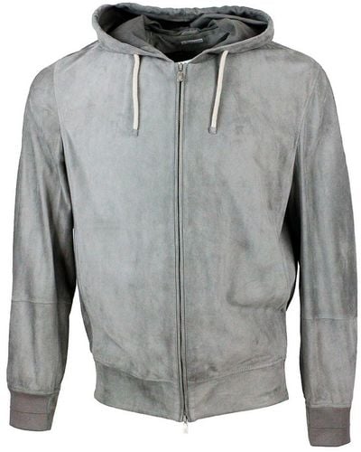 Brunello Cucinelli Hooded Zipped Leather Jacket - Gray