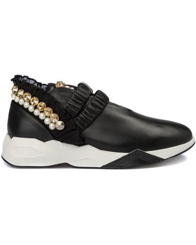 Loriblu Pearl Embellished Leather Slip On Sneakers - Black