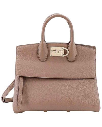 Ferragamo Leather Handbag With Iconic Gancini Detail - Brown
