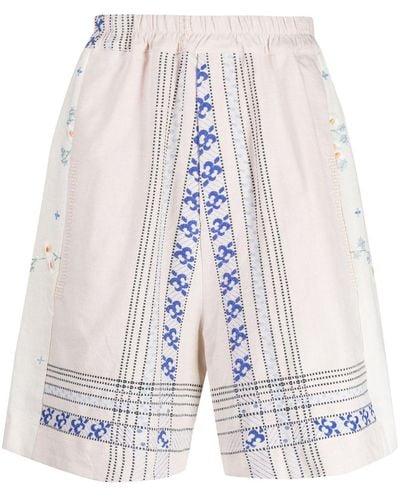 By Walid Embroidered Linen Drop-crotch Shorts - White