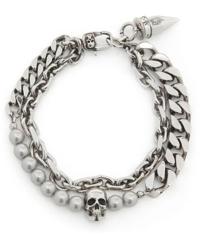 Alexander McQueen Skull Pearl-Embellished Stud Bracelet - Metallic