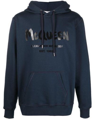 Alexander McQueen Graffiti Logo Print Hoodie Navy - Blue