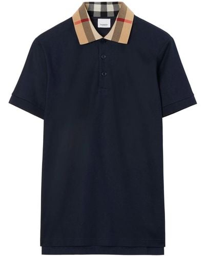 Burberry Checked-collar Cotton Polo Shirt - Blue