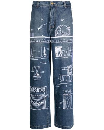 Kidsuper Fire Escape Embroidered Straight-Leg Jeans - Blue