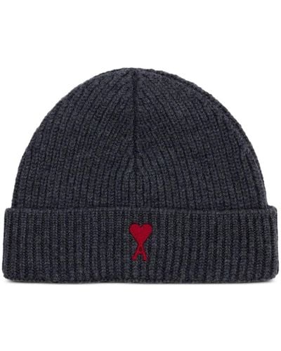Ami Paris Logo-embroidered Ribbed-knit Beanie - Blue