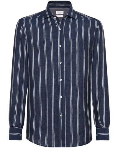 Brunello Cucinelli Striped Chambray Linen Shirt - Blue
